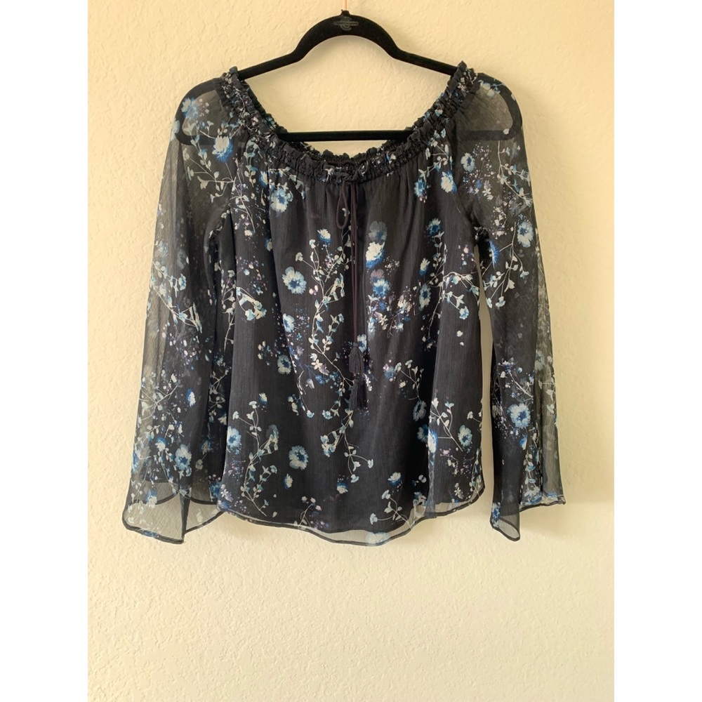 Women’s boho blouse. Navy blue/black with flowers.